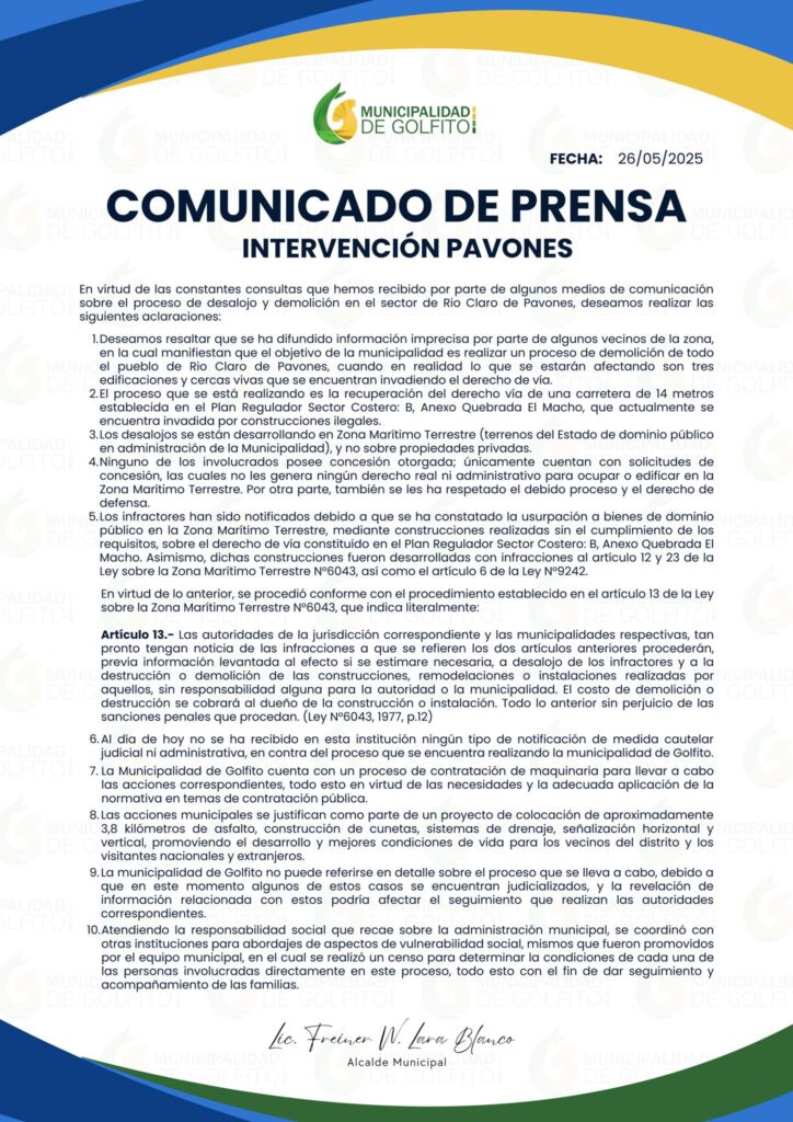Municipalidad de Golfito se sacude por críticas ante desalojos