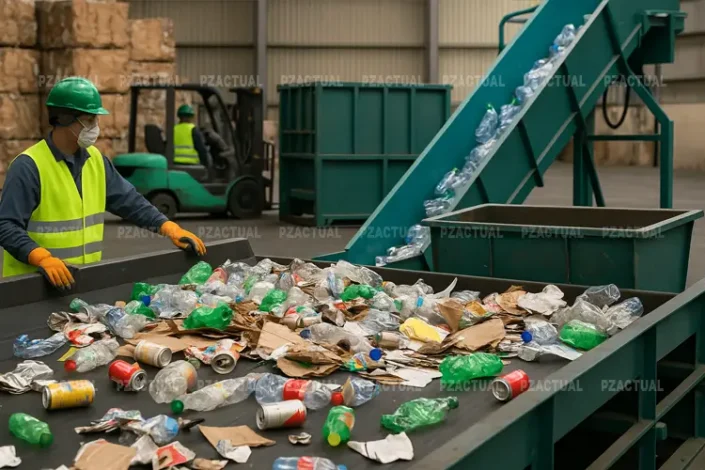 En la imagen se muestra a un operador reciclando basura en una mesa