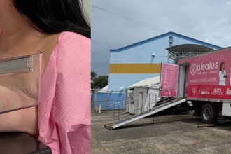 Image muestra unidad móvil y mujer en examen de mamografía