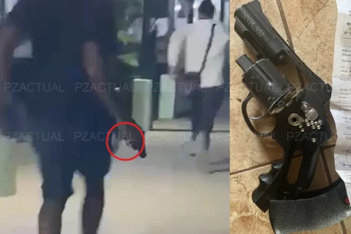 IMAGEN MUESTRA A SUJETO ARMADO Y FACHADA DEL COLEGIO