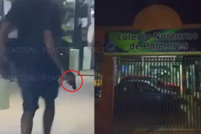 IMAGEN MUESTRA A SUJETO ARMADO Y FACHADA DE COLEGIO