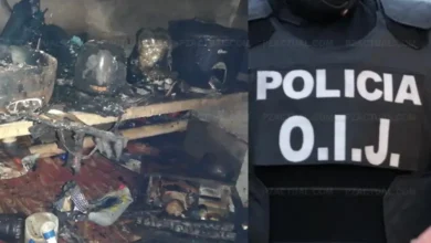 IMAGEN MUESTRA CASA AFECTADA POR INCENDIO Y LOGO DE OIJ